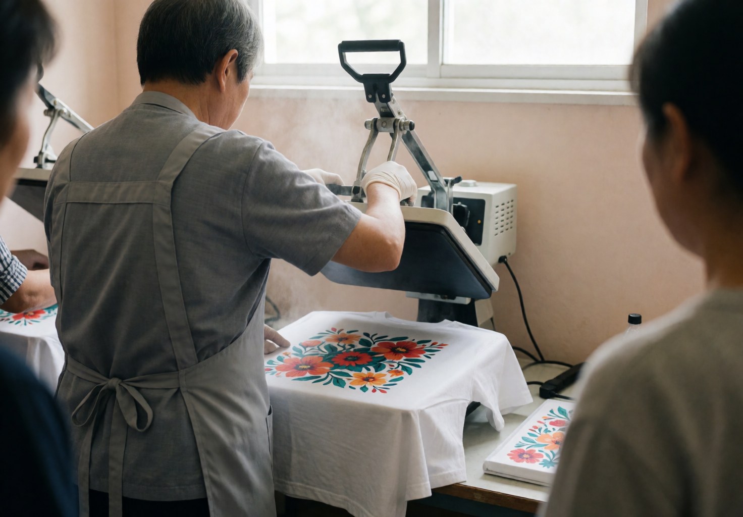 Un technicien portant des gants utilise une machine de transfert thermique pour imprimer un motif floral sur un t-shirt blanc, avec de la vapeur s'échappant de la plaque.