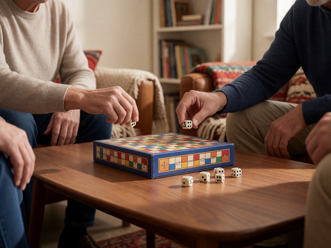 Des mains lancent des dés sur une table en bois avec une bibliothèque et des textiles chaleureux en arrière-plan.