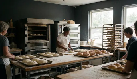 Des ouvriers en boulangerie façonnent du pain sur des tables en bois saupoudrées de farine, devant des fours industriels et des murs gris.