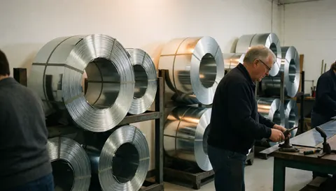 Un ouvrier dans un atelier métallurgique utilise un outil pour découper une tôle, entouré de grandes bobines d'acier galvanisé stockées sur des étagères.