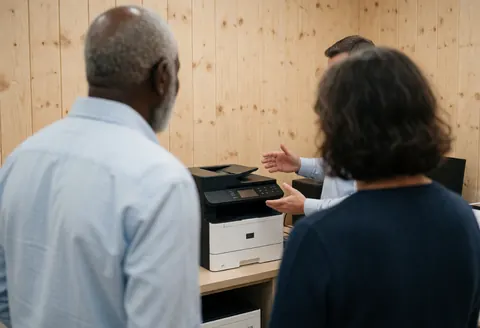 Un technicien explique à un client les fonctionnalités d'une imprimante multifonction dans un magasin aux murs en bois, montrant l'équipement en action.