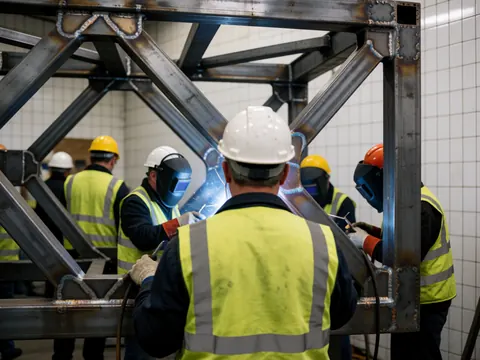 Des ouvriers en casques et gilets de sécurité soudent une structure métallique dans un atelier aux murs carrelés de blanc.