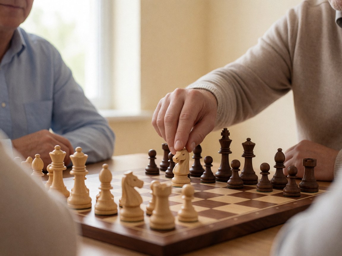 Une main adulte déplace un cavalier en bois sur un échiquier dans une école d'échecs, avec des murs beige et de la lumière naturelle.