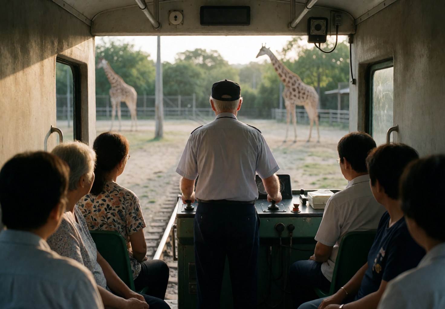 Conducteur en uniforme guidant un train touristique parmi des girafes dans un zoo, tandis que les passagers observent la scène depuis leurs sièges.