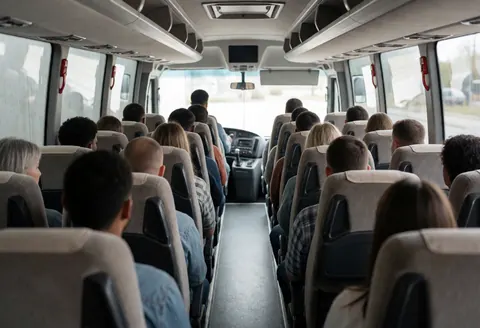 Vue intérieure d'un bus de tourisme avec des passagers assis, un couloir central et le conducteur visible à l'avant pour les services de transport.