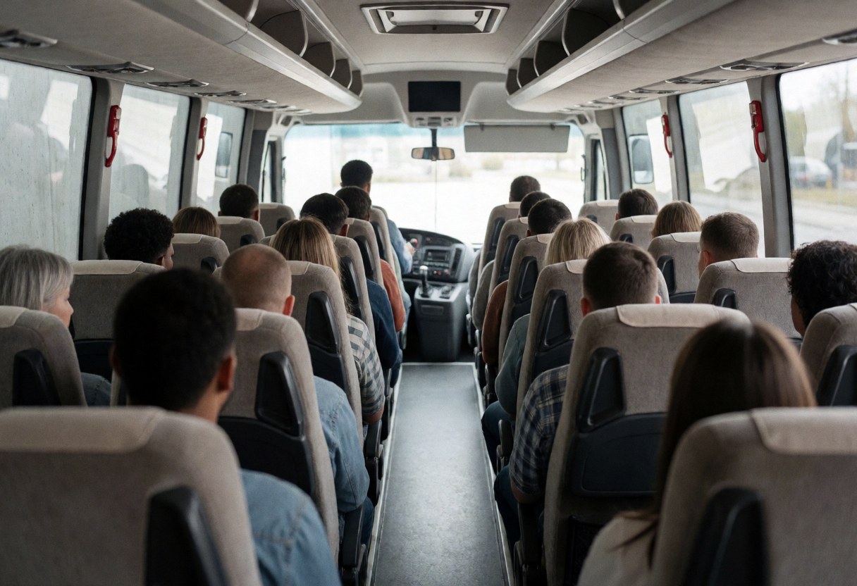 Vue intérieure d'un bus de tourisme avec des passagers assis, un couloir central et le conducteur visible à l'avant pour les services de transport.