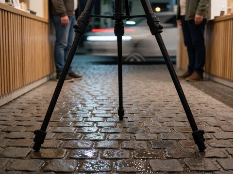 Trépied noir posé sur une rue pavée mouillée, avec des lumières de voitures floues en arrière-plan, des murs en bois et des mains travaillant avec des outils.