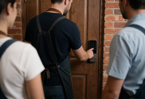 Un professionnel ajuste un cadenas connecté sur une porte en bois avec des murs en briques pendant que deux personnes observent attentivement.