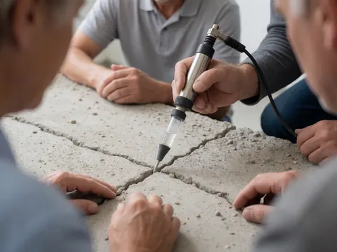 Un travailleur injecte de l'époxy dans une fissure du béton pendant que d'autres observent le processus de réparation structurelle.