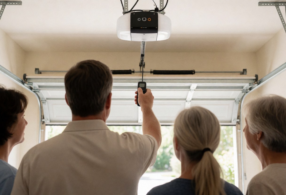 Un technicien professionnel teste une télécommande pour une porte de garage automatique en mouvement, avec le moteur visible et des murs peints éclairés par la lumière naturelle.