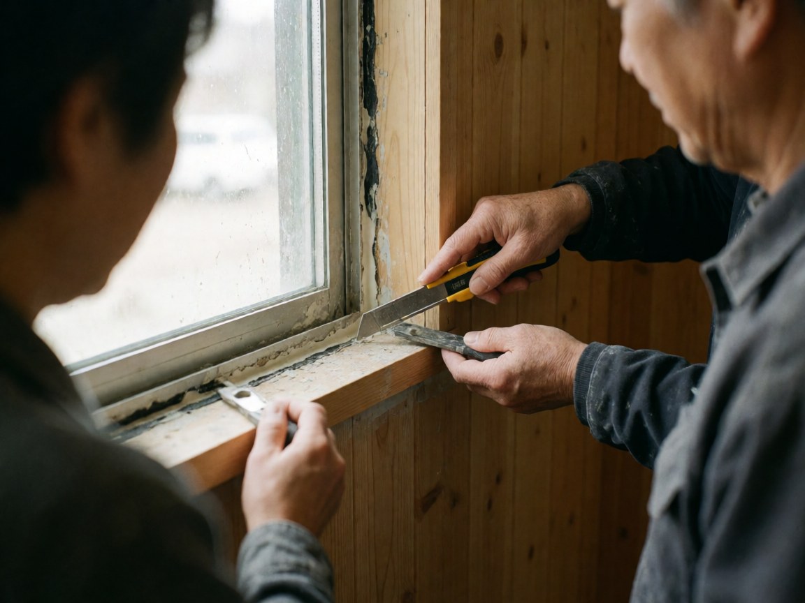 Une main utilise un couteau pour enlever l'ancien joint d'une fenêtre sur un cadre en bois, avec un mur de panneaux en arrière-plan lors d'un service d'installation.