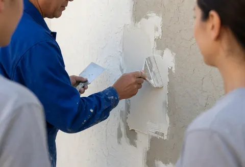 Un peintre en bleu applique du composé blanc sur un mur extérieur avec un outil tandis que deux personnes observent le travail.
