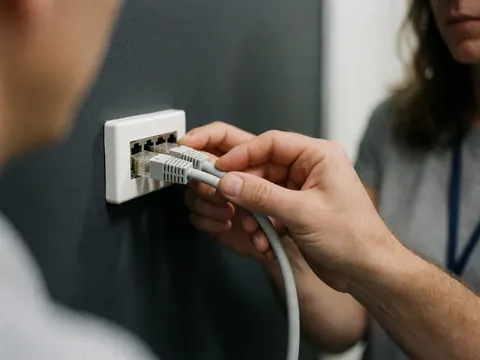 Un technicien connecte un câble réseau à une prise murale grise dans un environnement de bureau sécurisé, illustrant une intervention technique en cours.