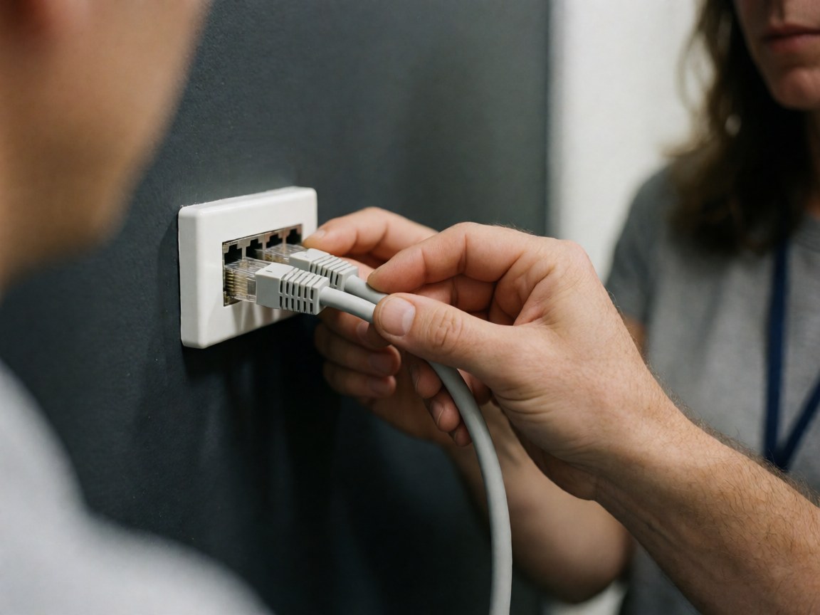 Un technicien connecte un câble réseau à une prise murale grise dans un environnement de bureau sécurisé, illustrant une intervention technique en cours.
