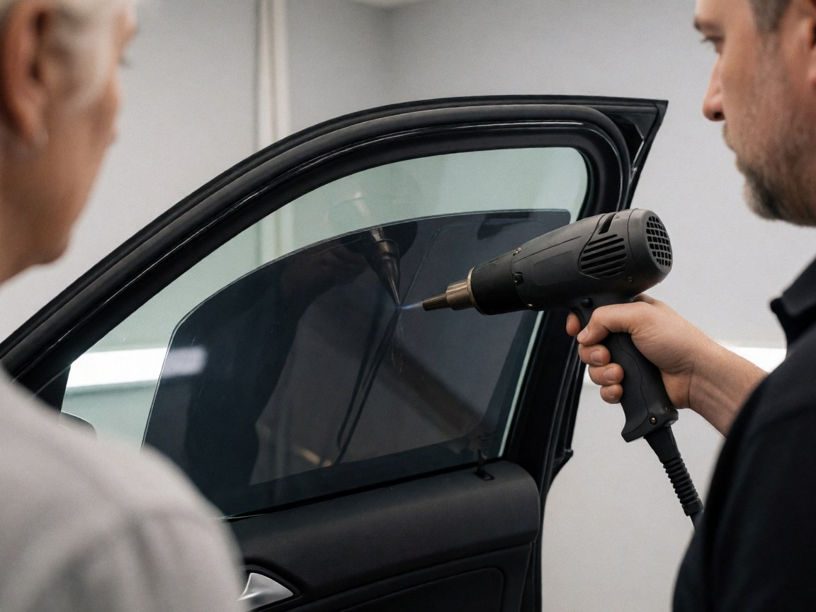 Un technicien utilise un pistolet à chaleur pour poser un film sombre sur une vitre de voiture pendant que le client observe le service.