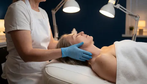 Une esthéticienne effectue un massage du cou d'une cliente allongée sur une table blanche dans un spa calme avec un mur bleu et un éclairage professionnel.