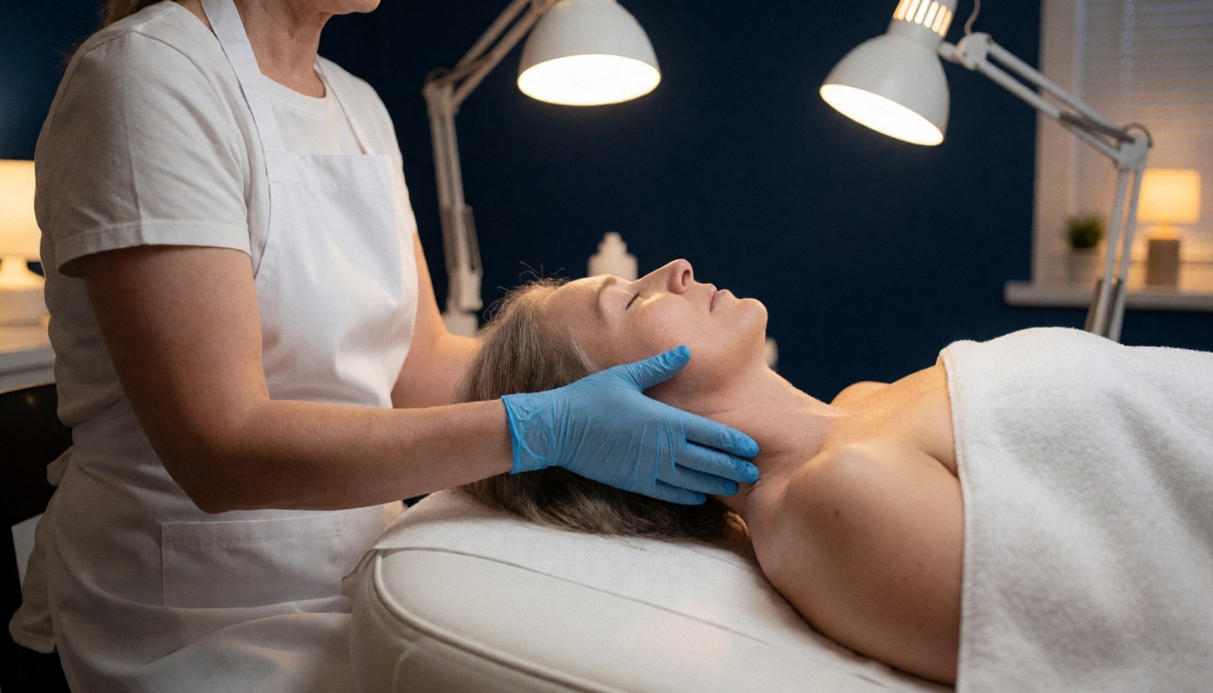Une esthéticienne effectue un massage du cou d'une cliente allongée sur une table blanche dans un spa calme avec un mur bleu et un éclairage professionnel.