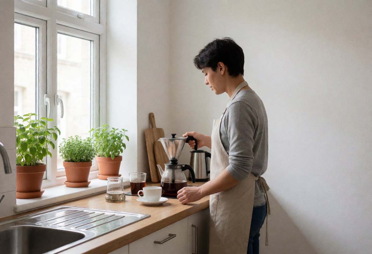Une personne portant un tablier prépare du thé à l'aide d'un filtre dans une cuisine lumineuse avec une fenêtre et des plantes.