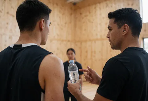 Un entraîneur de basket-ball explique l'importance de l'hydratation à un joueur dans un gymnase aux murs en bois, tout en tenant une bouteille d'eau.