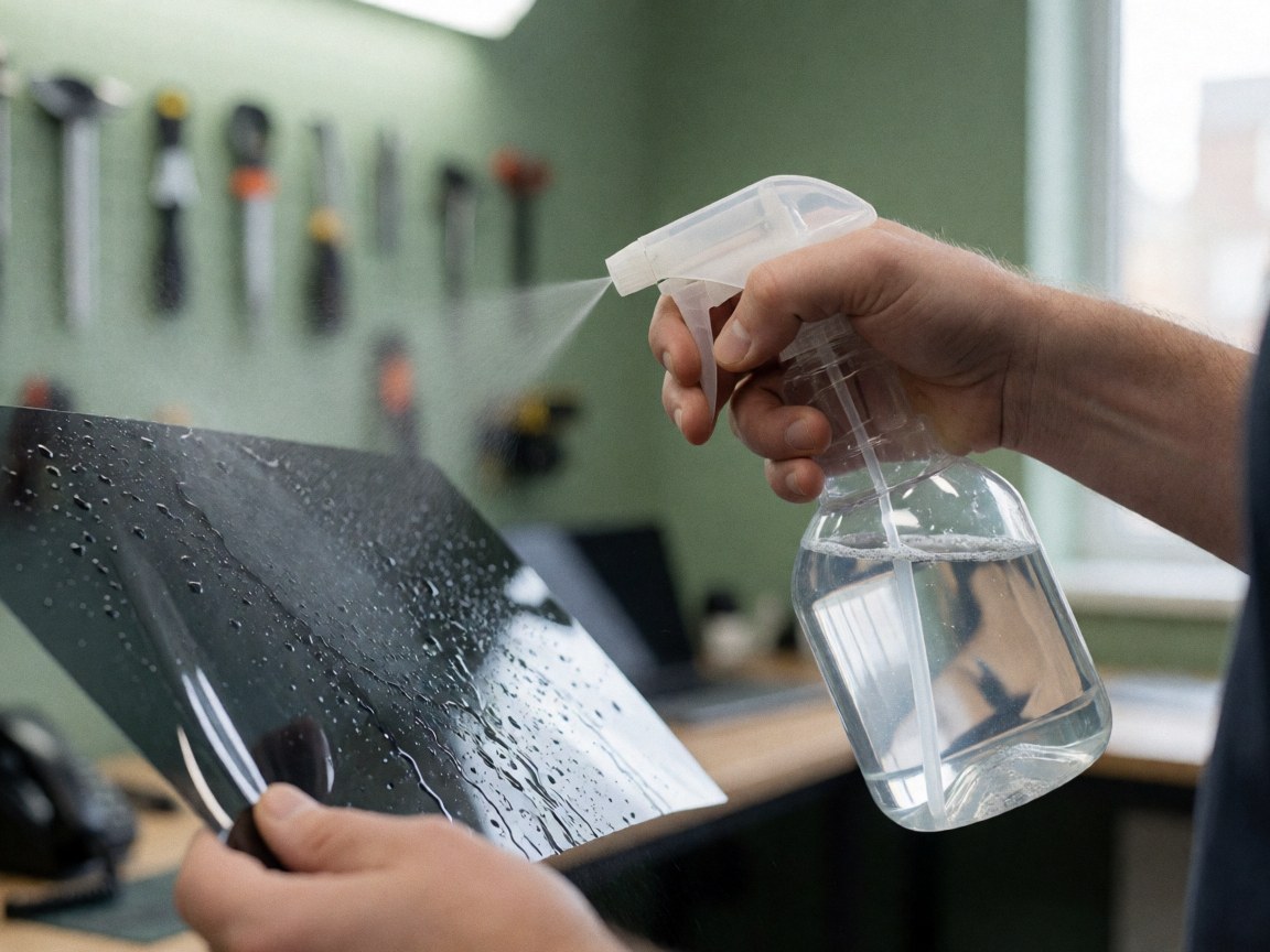 Une main applique un film pour vitres à l'aide d'un vaporisateur dans un atelier automobile, avec des outils suspendus au mur et un fond vert.