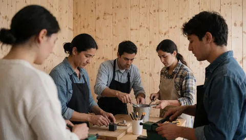 Cinq personnes en tabliers travaillent à une table en bois avec des outils de charpente dans un atelier aux murs en bois.