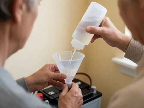 Deux personnes utilisent un entonnoir pour verser de l'eau distillée dans une batterie au sein d'un atelier de réparation aux murs beiges.