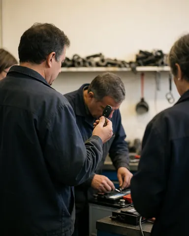 Technicien en atelier réparant une batterie de voiture pendant qu'un client observe l'intervention.