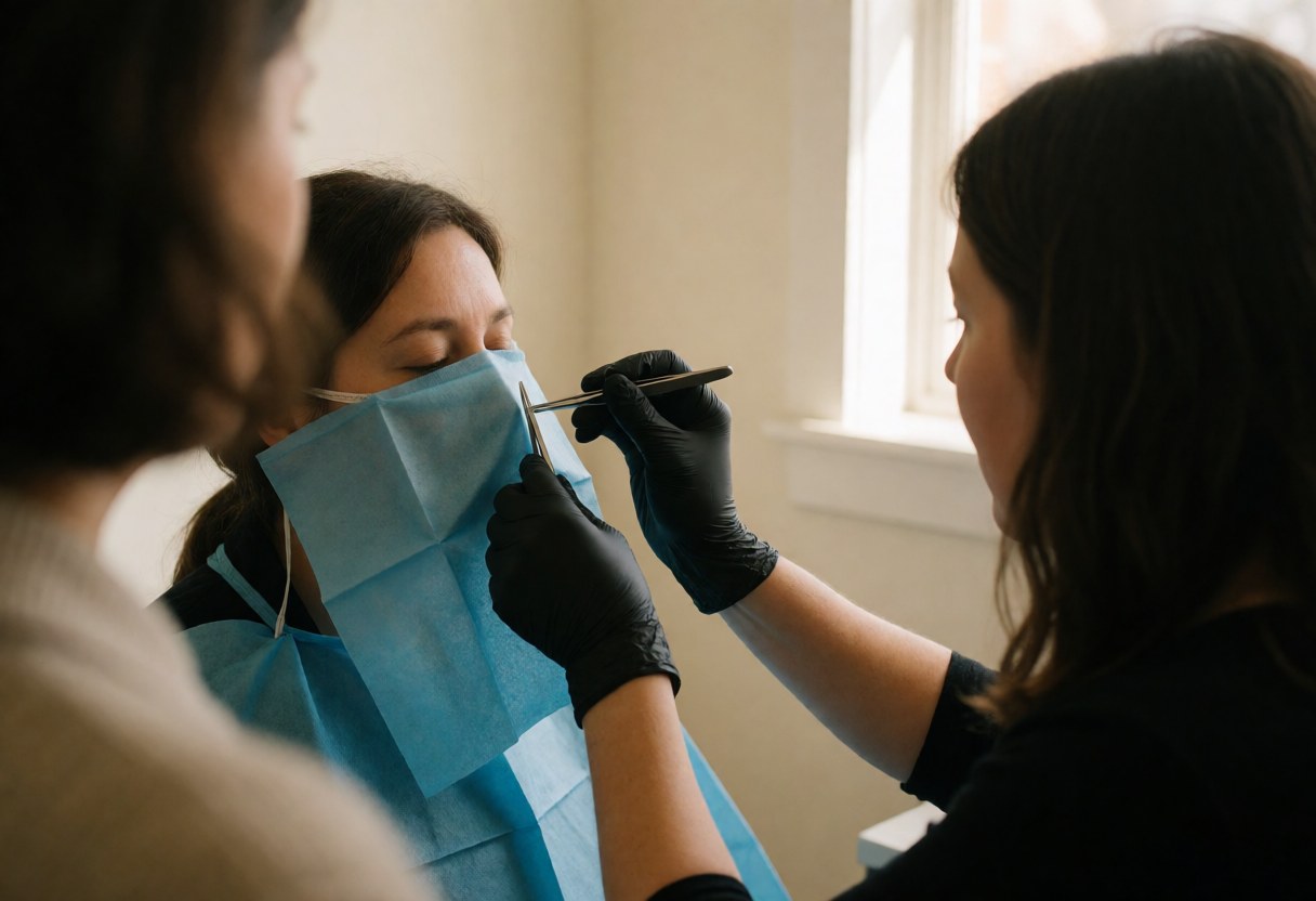 Mains gantées tenant des ciseaux stériles lors d'une séance de piercing en studio aux murs blancs.