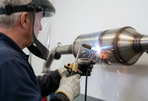Un technicien coupe un catalyseur avec une flamme, des étincelles volent, avec un écran facial et des gants, dans un atelier de recyclage de véhicules.