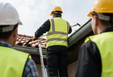 Technicien en toiture portant un casque et un gilet, travaillant sur une gouttière métallique avec des tuiles rouges et d'autres travailleurs observant.