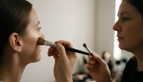 Une maquilleuse professionnelle applique un produit cosmétique avec un pinceau sur la joue d'une cliente dans un studio de beauté.