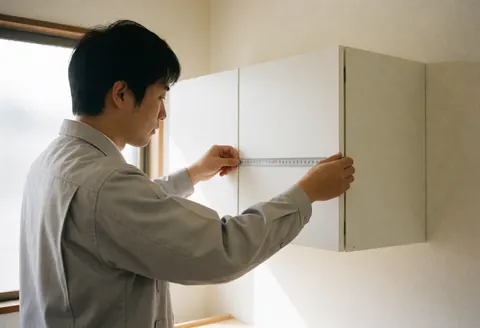 Un technicien en uniforme gris mesure un meuble blanc contre un mur clair à la lumière naturelle, lors d'une installation de mobilier.