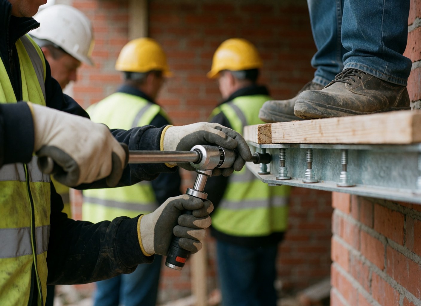 Un ouvrier ajuste un boulon sur une structure métallique en utilisant une clé dynamométrique dans un chantier de construction.