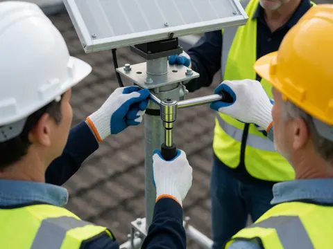 Trois techniciens en casques et gilets de sécurité installent une antenne satellite sur un toit avec une clé dynamométrique, montrant précision et équipement de protection.