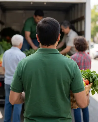 Une cliente souriante tient un panier rempli de légumes frais devant un camion de vente ambulante en extérieur.