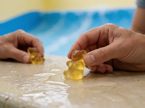Des bonbons gélifiés posés sur une surface mouillée à proximité d'une piscine à vagues aux parois jaunes, dans un cadre réaliste de parc aquatique.