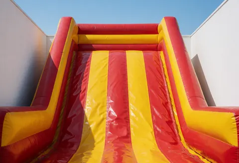 Un toboggan gonflable rouge et jaune installé dans un parc aquatique avec des murs blancs et un ciel bleu, idéal pour promouvoir des services de loisirs aquatiques.