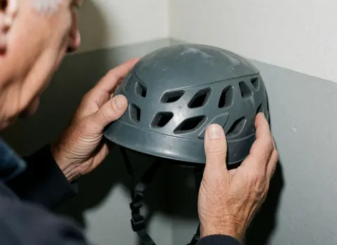 Un adulte vérifie le système de ventilation d'un casque d'escalade sur fond gris, soulignant le design et la fonctionnalité de l'équipement.
