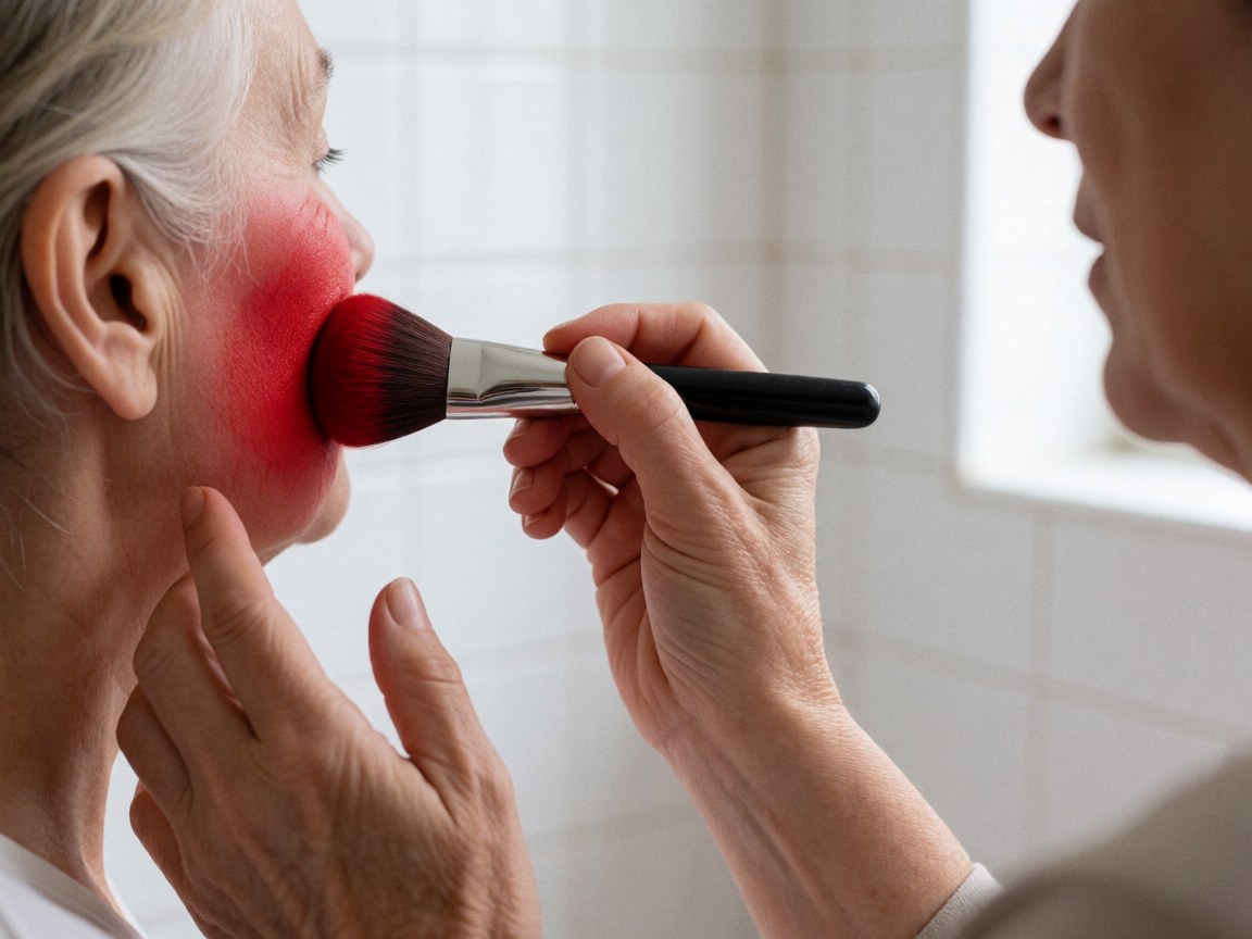 Une main utilise un pinceau pour appliquer du fard à joues rouge sur la joue d'une personne dans une salle de bain aux murs carrelés blancs.