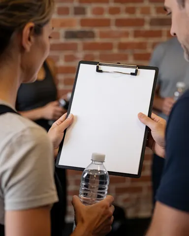 Un coach fitness présente un programme sur un classeur à une cliente dans une salle de sport avec un mur en briques, tenant une bouteille d'eau.