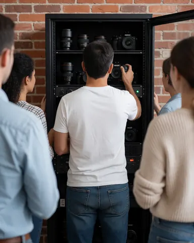 Une cliente examine des caméras professionnelles disposées sur une étagère devant un mur en briques, tandis que d'autres clients observent la scène.
