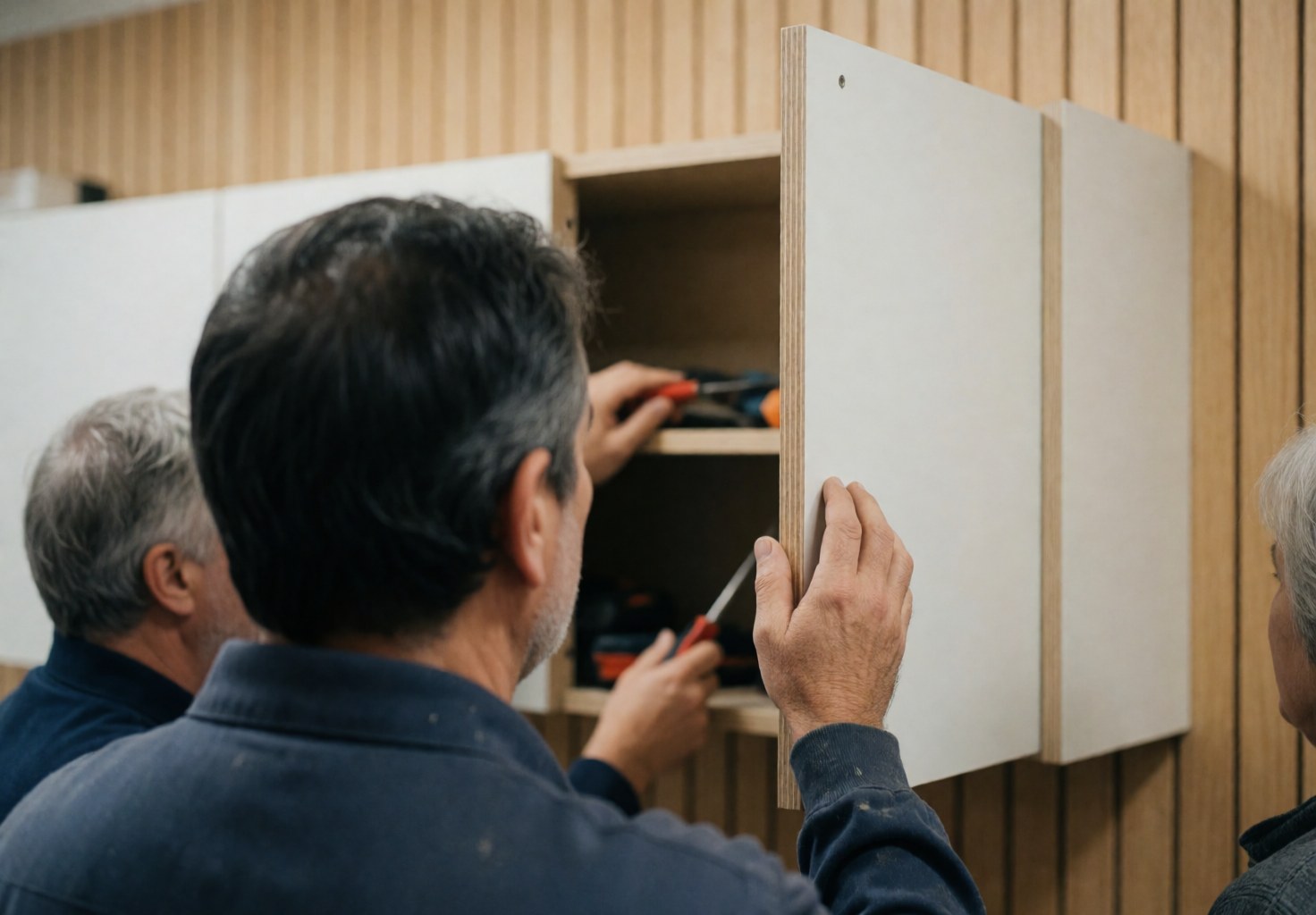Un technicien ajuste une porte d'armoire avec des outils devant un mur de lattes en bois, illustrant un service en action dans un atelier de meubles.