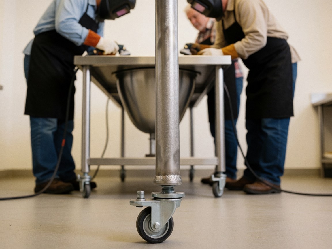 Proximité d'une jambe de table industrielle avec roue réglable, soudure visible, dans une cuisine professionnelle.