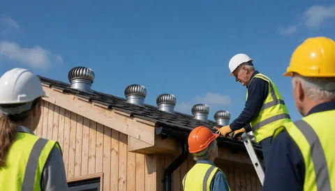 Des travailleurs en casques et gilets de sécurité installent des ventilateurs de plafond dans une maison en bois sous un ciel bleu clair.