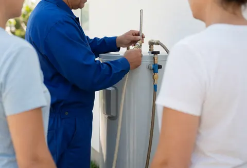 Un technicien en uniforme bleu examine un réservoir d'eau avec un outil pendant qu'un client observe la prestation de service.