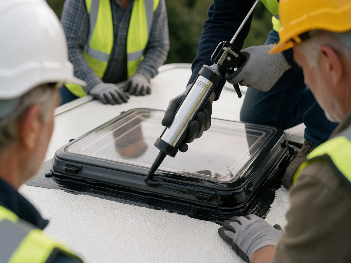 Un ouvrier en équipement de sécurité applique un joint noir sur le cadre d'une lucarne de camping-car, tandis que ses collègues observent la procédure.