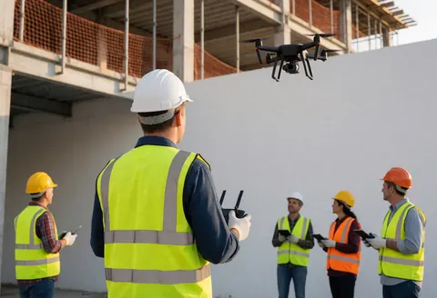 Technicien tenant la télécommande d'un drone survolant un bâtiment en construction tandis que d'autres travailleurs observent avec des tablettes.