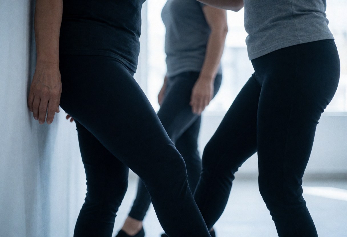 Trois personnes pratiquent le tango contre un mur dans un studio, vêtues de sport, sous lumière naturelle, illustrant un service de danse en action.
