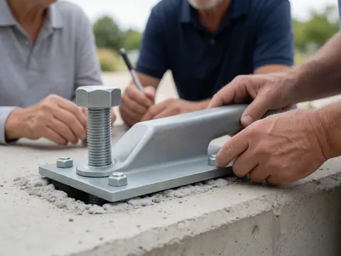 Un technicien fixe une plaque métallique avec une vis dans le béton, outil de montage visible, travail en cours.