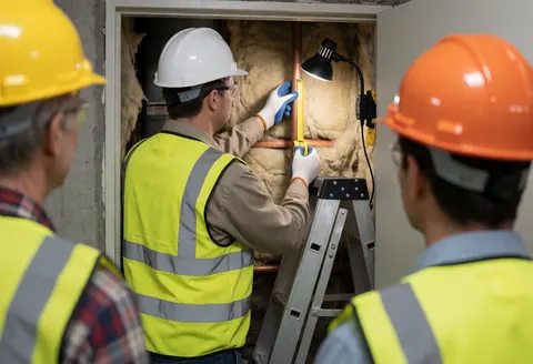 Un technicien en casque blanc mesure un tube de cuivre isolé dans un placard, tandis que deux collègues observent la prestation.